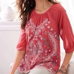 Soft Surroundings- Embroidered Coral Peasant Top- Medium